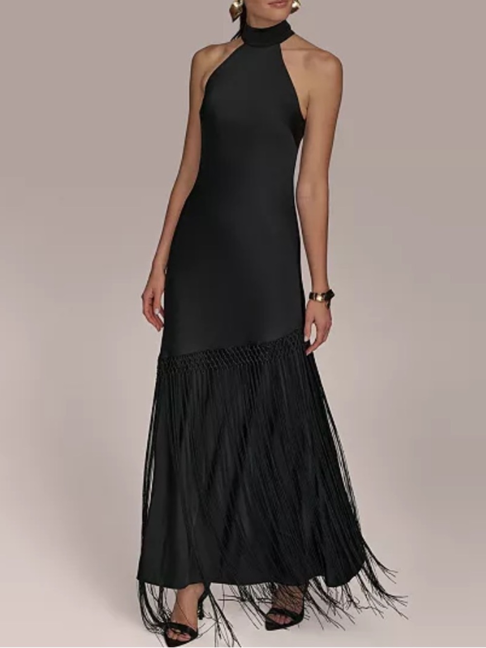 Donna Karan High Neck Fringe Maxi Gown Black size 14 NWT - Picture 2 of 12